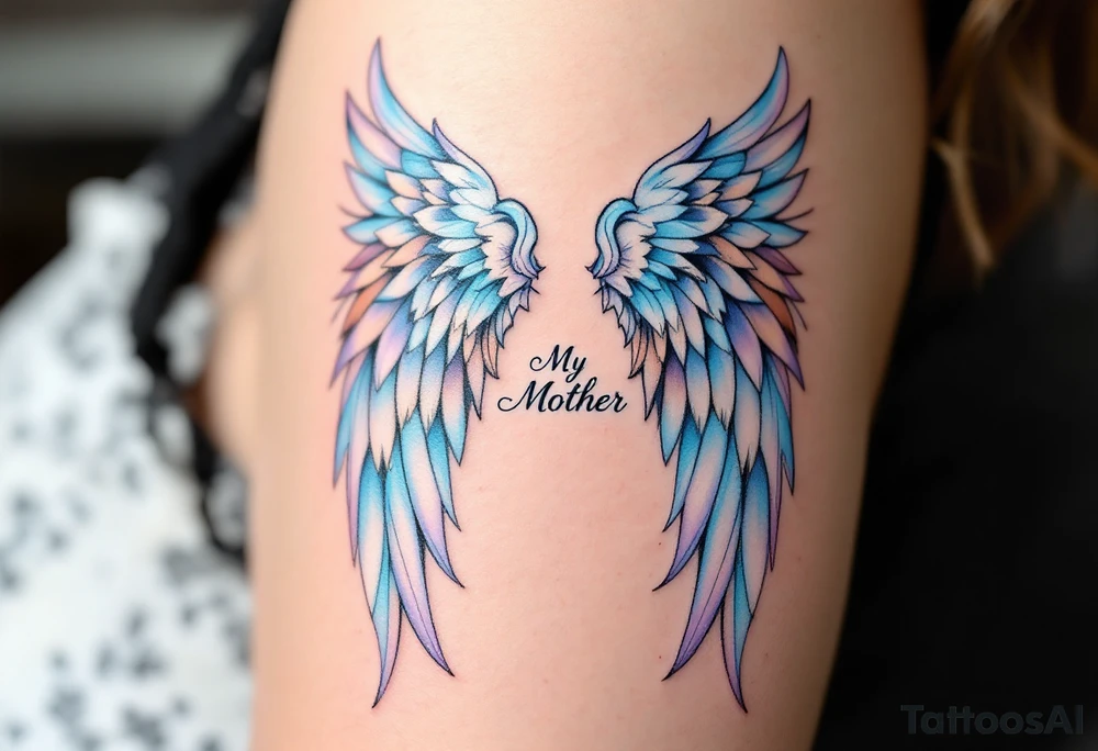 A pair of angel wings in light blue and lavender with “My Mother” between them. tattoo idea