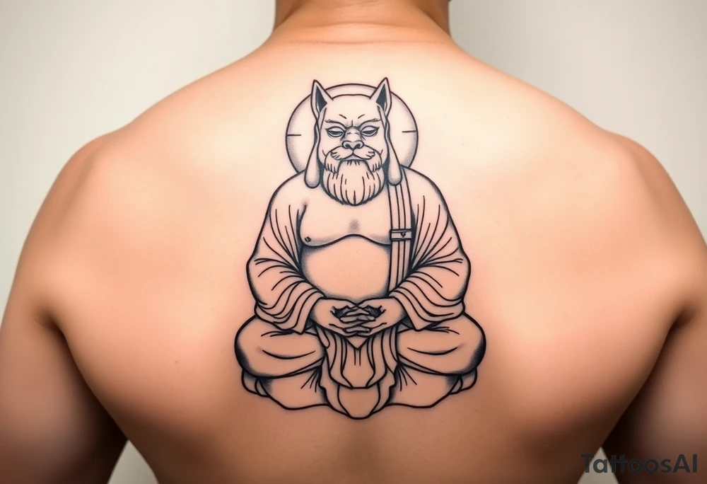 Meditating fat Buddha with dog head tattoo idea