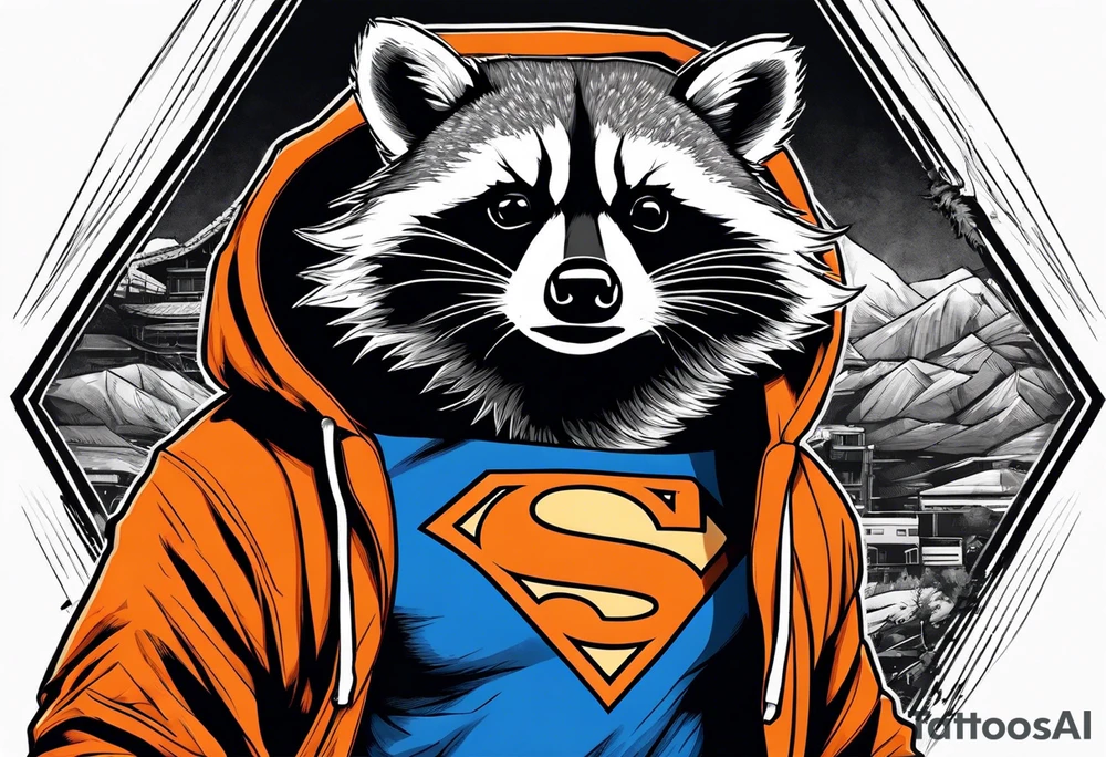 Raccoon wearing an orange Superman hoodie tattoo idea