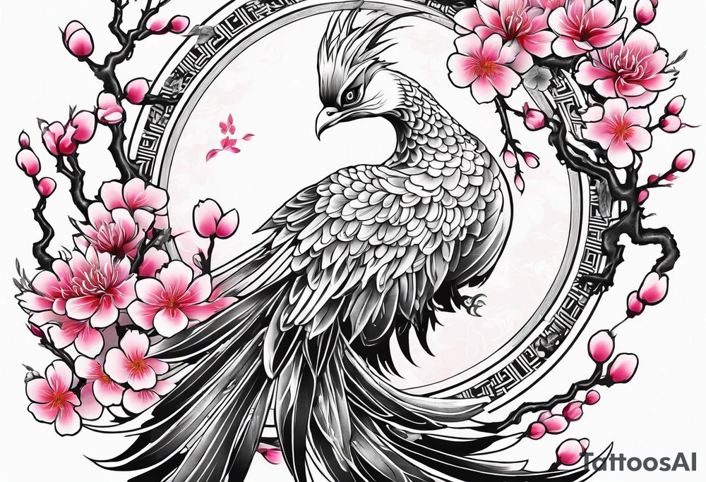 traditional Japanese phoenix and pink cherry blossoms blank background no clipped edges tattoo idea