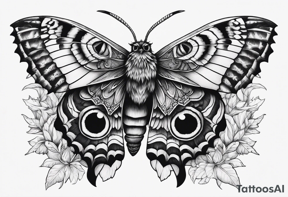 Dead head moth with long wings and owl eyes tattoo idea