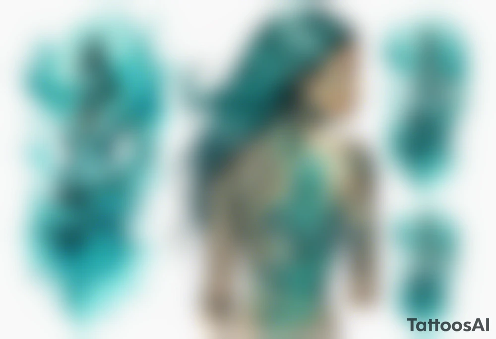 a turquoise Na'vi woman standing in the sea surrounded by crashing waves tattoo idea