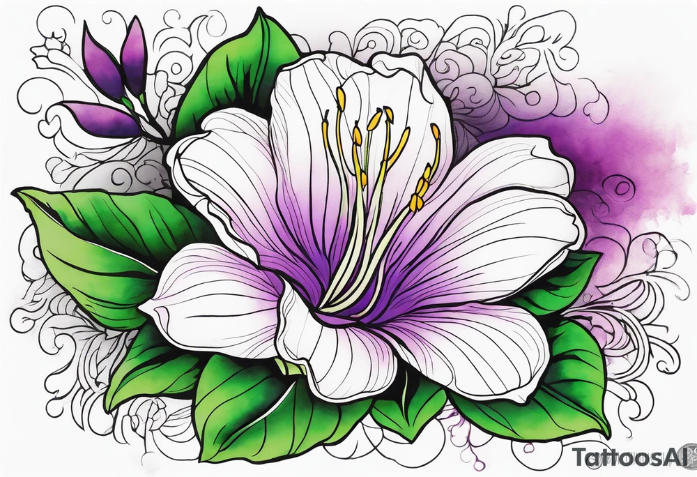 An outline of a rio dipladenia flower with a green and purple watercolor sky in the background tattoo idea