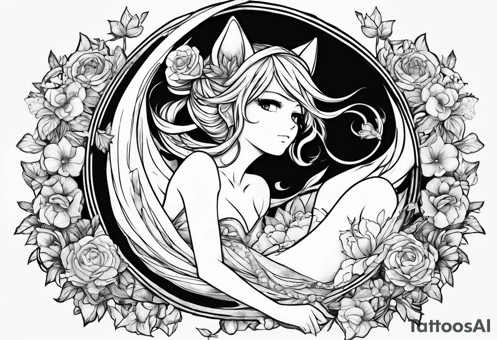 No color fairy with a tail inspired by the logo of the anime show called Fairy Tail in a fetal position leaning in and forward while sleeping tattoo idea