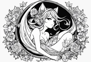 No color fairy with a tail inspired by the logo of the anime show called Fairy Tail in a fetal position leaning in and forward while sleeping tattoo idea