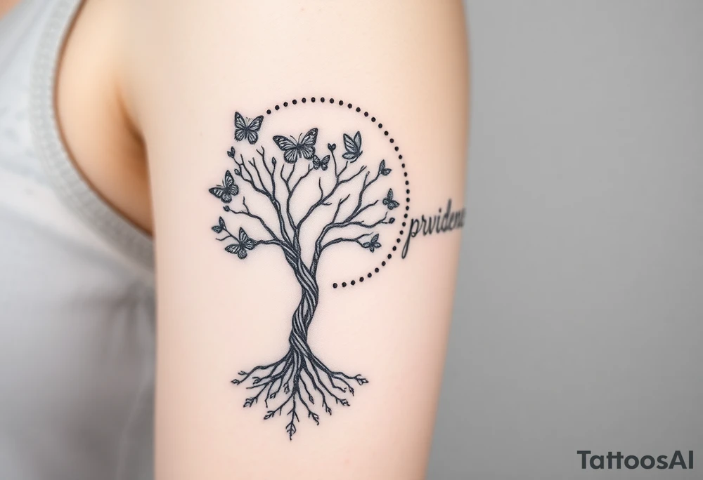 minimalistic tree of life that’s roots come out at bottom and make a dotted circle around the tree and have butterflies coming out of circle on top right and then the word “providence” curved on the outside of circle to the right tattoo idea