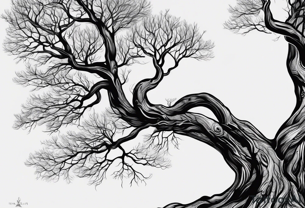 Tree with branches for children and grandchildren’s names with roots wrapping around wrist and tree extending to just below elbow tattoo idea