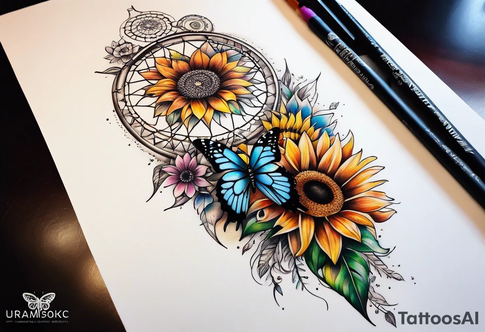 Quarter Leg sleeve with dreamcatcher, rainbow sunflowers and one butterfly tattoo idea