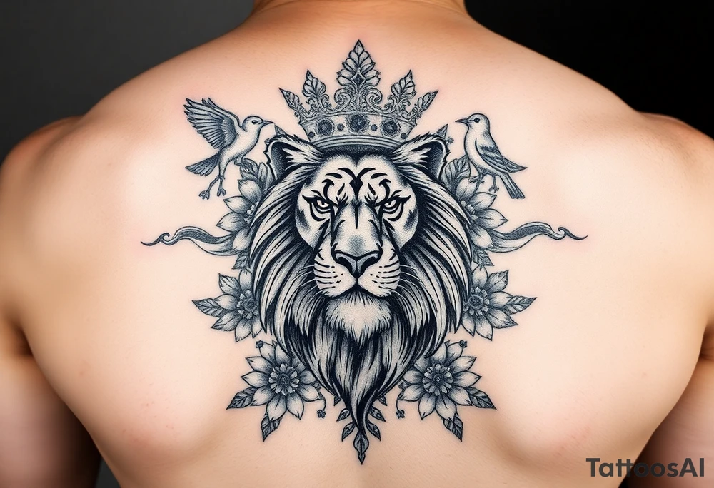 powerful majestic lion with a crown, surrounded by floral ornaments and birds tattoo idea
