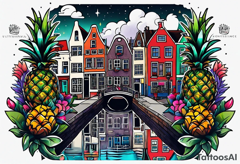 animals and pineapples feauturing Amsterdam houses and canal in universe and galaxy colours tattoo idea