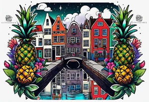 animals and pineapples feauturing Amsterdam houses and canal in universe and galaxy colours tattoo idea