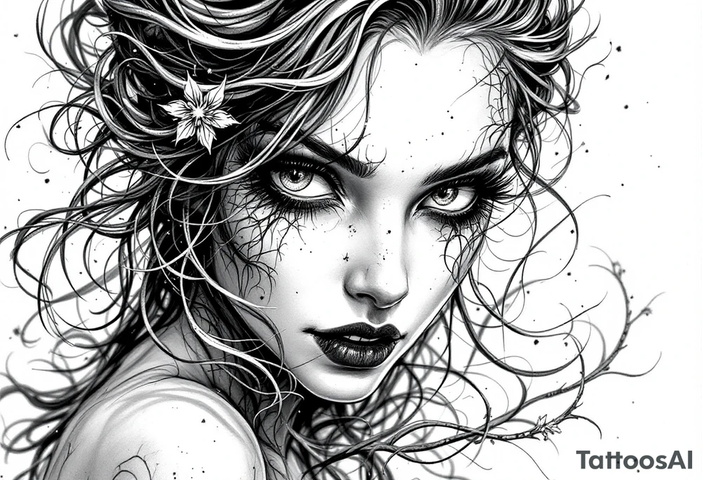 A sinister mermaid or vampire woman with piercing eyes and intricate shadow work. tattoo idea