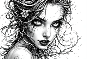 A sinister mermaid or vampire woman with piercing eyes and intricate shadow work. tattoo idea