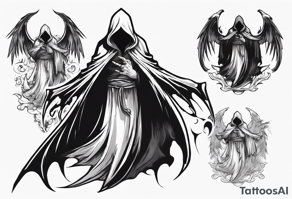 handsome asian grim reaper cloak with wings tattoo idea