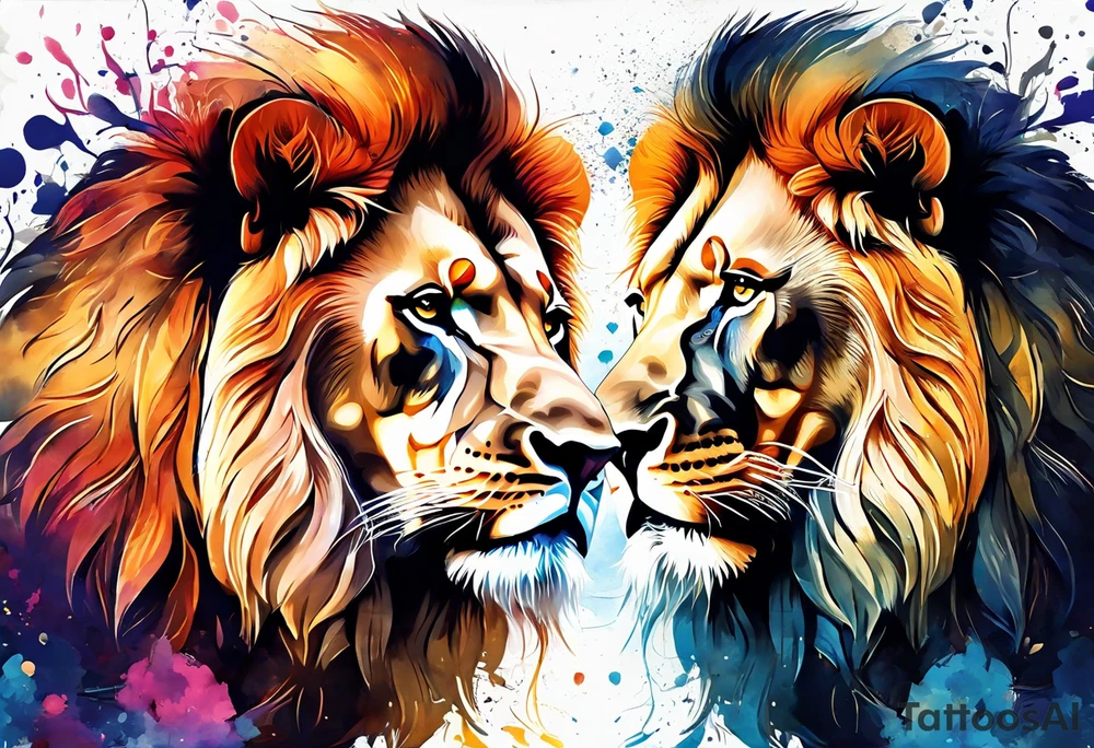 Two Lions. Water Colour splash back. Male and Female. Power and love. One protecting the other tattoo idea