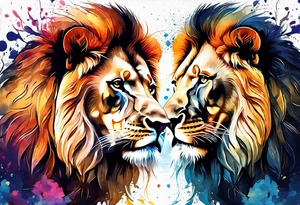 Two Lions. Water Colour splash back. Male and Female. Power and love. One protecting the other tattoo idea