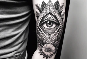 full arm sleeve tattoo with all-seeing eye surrounded by jungle plants tattoo idea