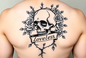 gothic skull intertwined with climbing roses and thorny vines with a ribbon saying loveless tattoo idea