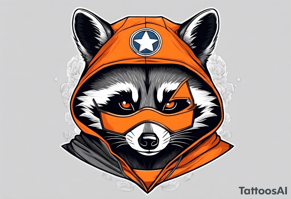 Raccoon wearing an orange Superman hoodie tattoo idea