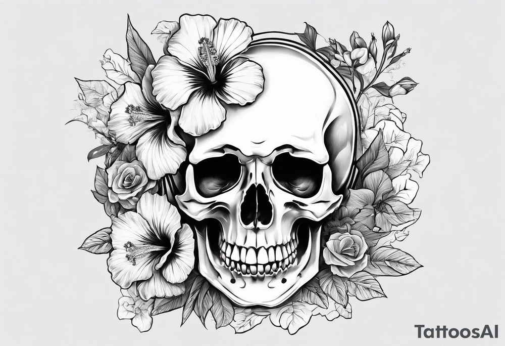 a female skeleton with hibiscus flower. Hint of south korea tattoo idea