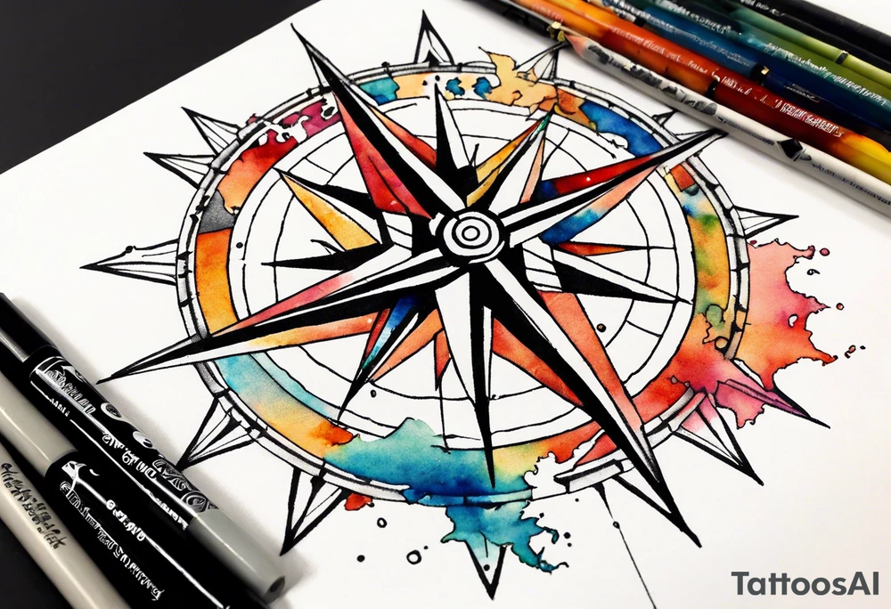 Travel themed for thigh, compass rose overlaid with a map spilled watercolor and tiny C130 tattoo idea