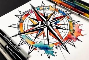Travel themed for thigh, compass rose overlaid with a map spilled watercolor and tiny C130 tattoo idea