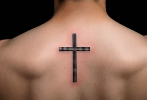 AA simple dot-style cross binked in deep black, with the word "Strong" in clean sans-serif under the other eye on man face under a man’s right eye. tattoo idea