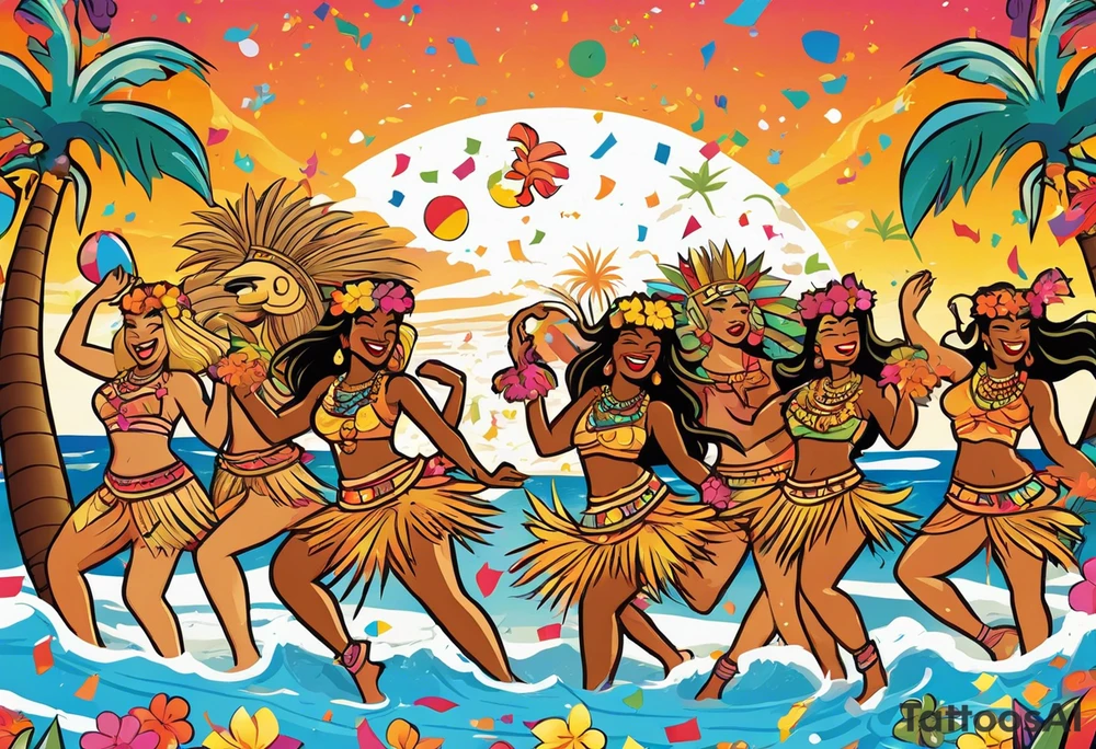 dancing tiki gods dance party on the beach with a sunset in the center of the image with confetti and music notes and sexy hula girls that are blonde and burnette tattoo idea