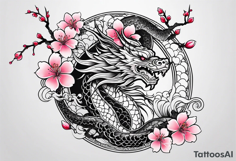 Japanese cherry blossoms dragon minimalist tattoo idea