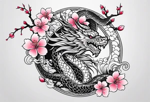 Japanese cherry blossoms dragon minimalist tattoo idea