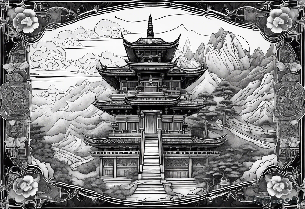 a old world map as the background with a small Buddhist temple at the bottom tattoo idea a old world map as the background with a small Buddhist temple at the bottom tattoo idea