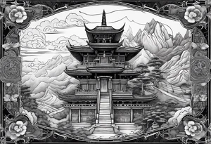 a old world map as the background with a small Buddhist temple at the bottom tattoo idea