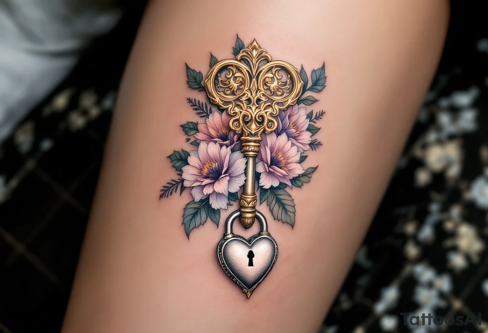 An ornate, vintage key adorned with detailed floral engravings along the shaft and a delicate heart-shaped lock at the base. Soft gold for the key, pastel pink and lavender for the flowers, and a subtle silver lock with hints of white highlights. tattoo idea