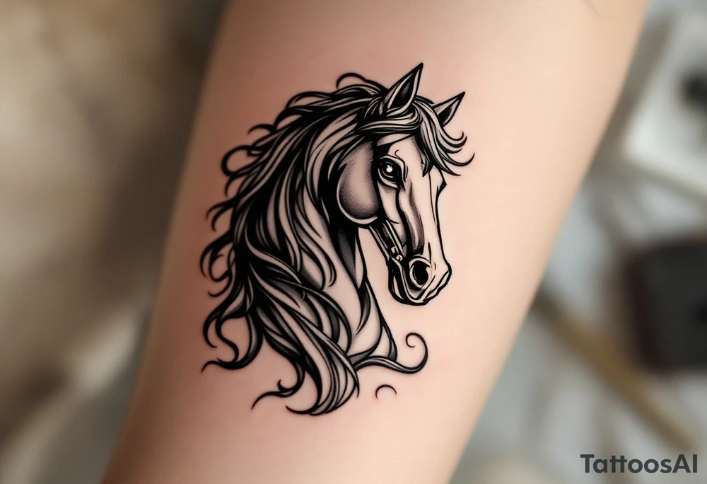 a knight of chess piece. it doesn't have legs, it's a chess piece. 
The knight piece is depicted in motion, slightly tilted forward as if it's charging or coming out of the shadows. The knight’s face is detailed but with a focus on the horse's strong features: its mane flowing in the wind, and the body etched with intricate details to represent strength and agility. The knight is emerging from a shadow, with the front part of the body illuminated in soft, warm light. The shadowed portions near the back and tail create a mystical aura. tattoo idea