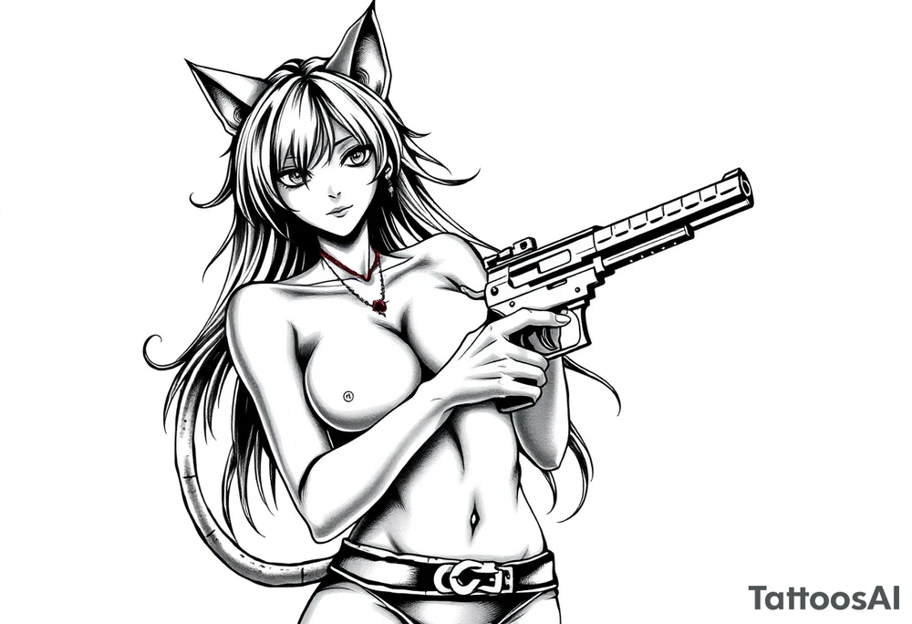 naked catgirl, slut, anime, holding gun, black tattoo idea