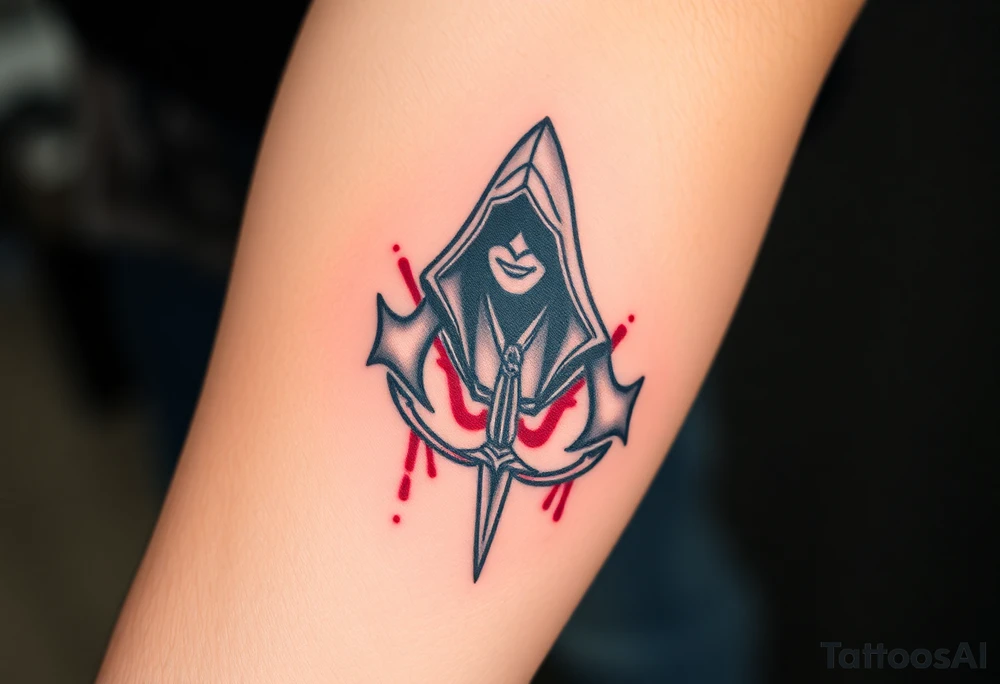 Assassins Creed emblem with hooded character, NO FACE, with blood splashes and a sword tattoo idea