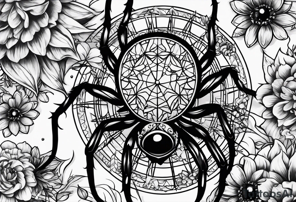 Spiders and black flowers tattoo idea