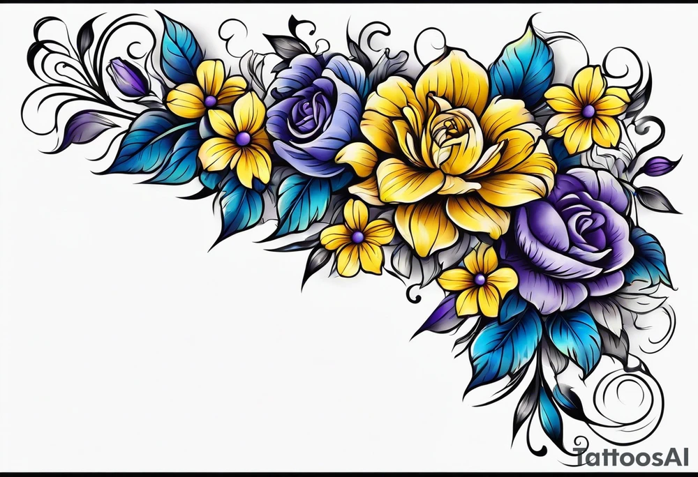 Blue yellow and purple flowers arm sleeve tattoo idea