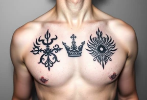 Chest tattoo, two laurier and icelandic symbols, dark brest tattoo, crown betwen laurier tattoo idea