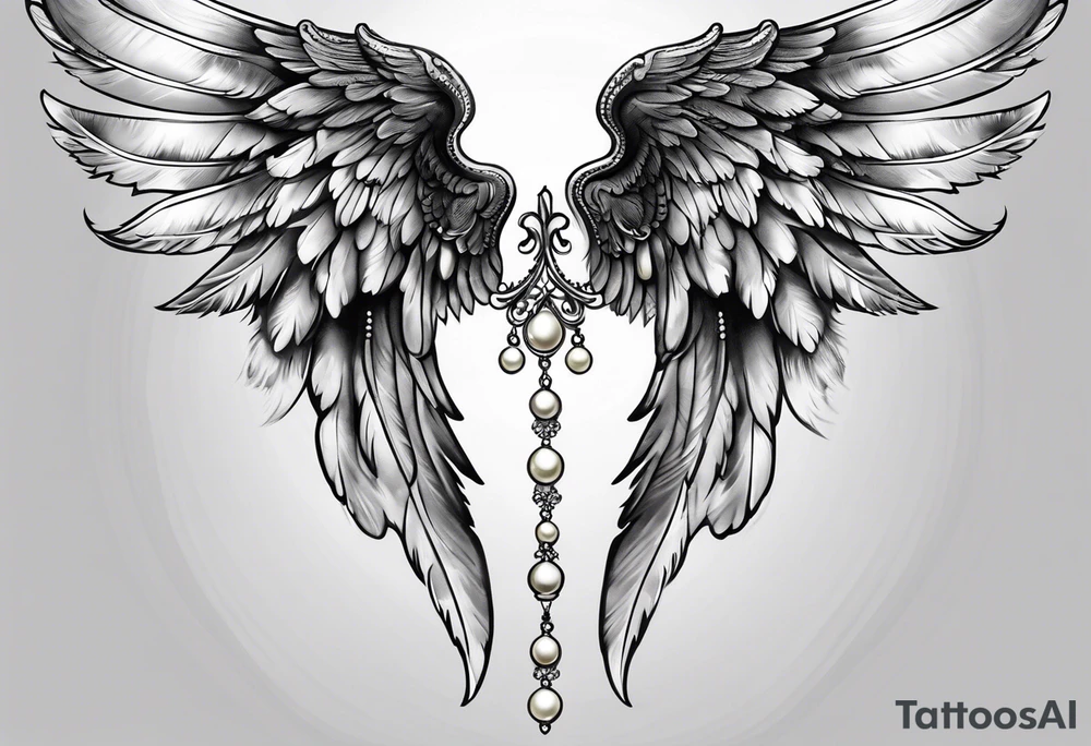 realistic delicate angel wings with pearls tattoo idea
