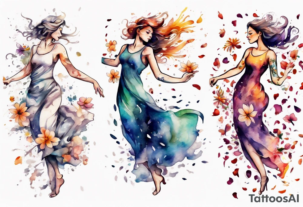 Very feminine woman dancing in a wind of flower petals tattoo idea
