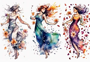 Very feminine woman dancing in a wind of flower petals tattoo idea