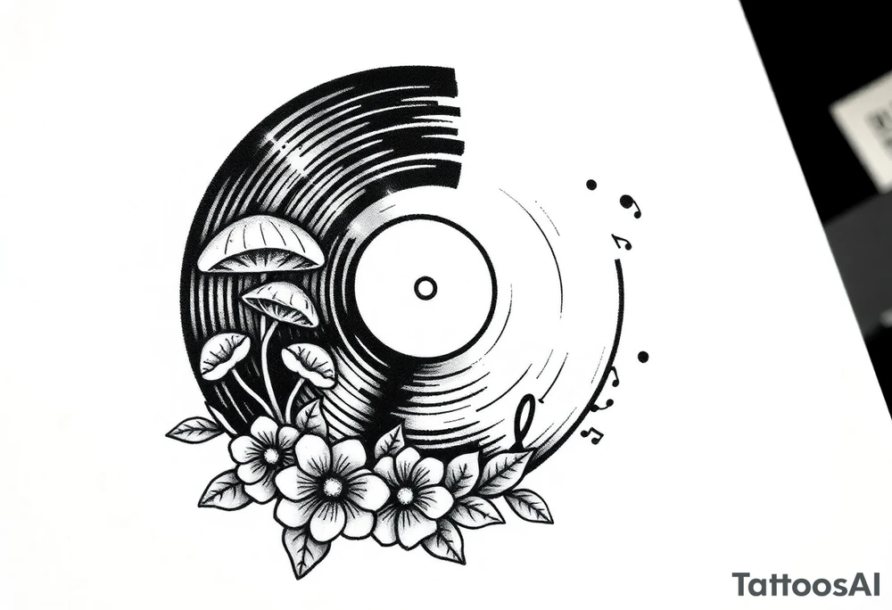 vinyl record player with mushrooms, flowers, and music notes around it tattoo idea