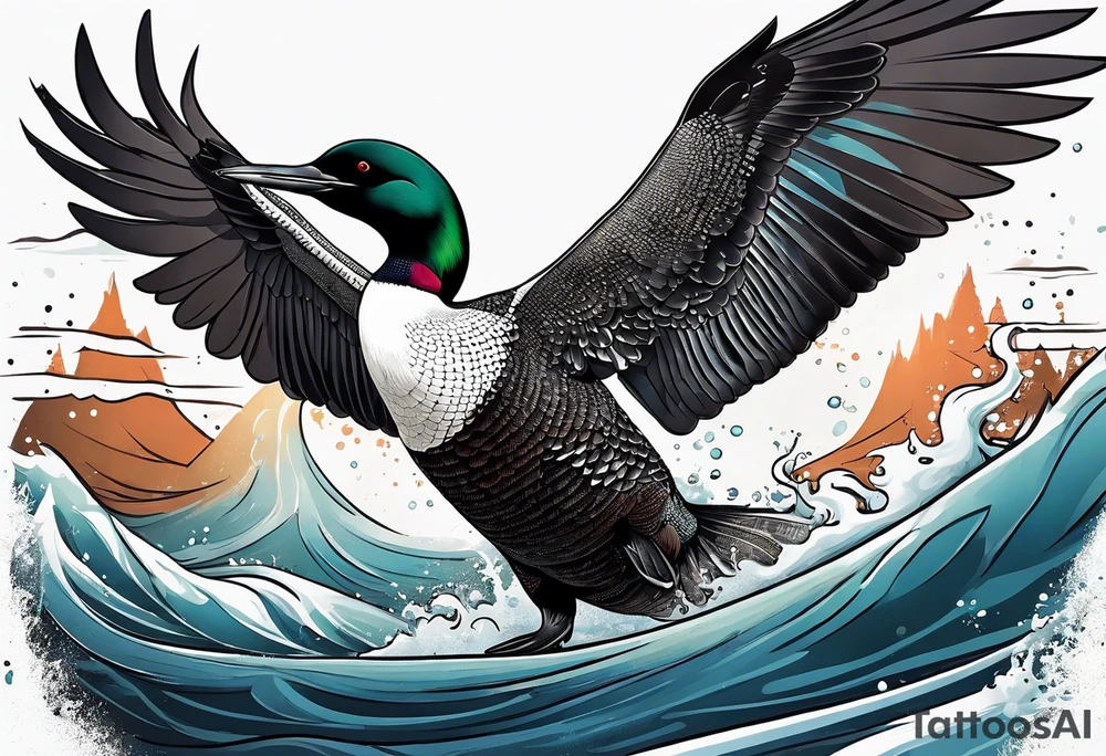 A loon with its wings spread looking badass and tough. Should be designed for on the thigh tattoo idea