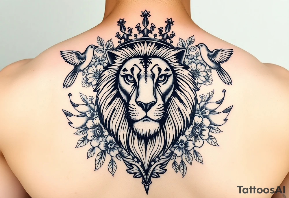 powerful majestic lion with a crown, surrounded by floral ornaments and birds tattoo idea