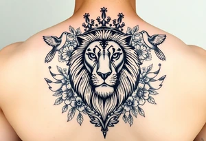 powerful majestic lion with a crown, surrounded by floral ornaments and birds tattoo idea