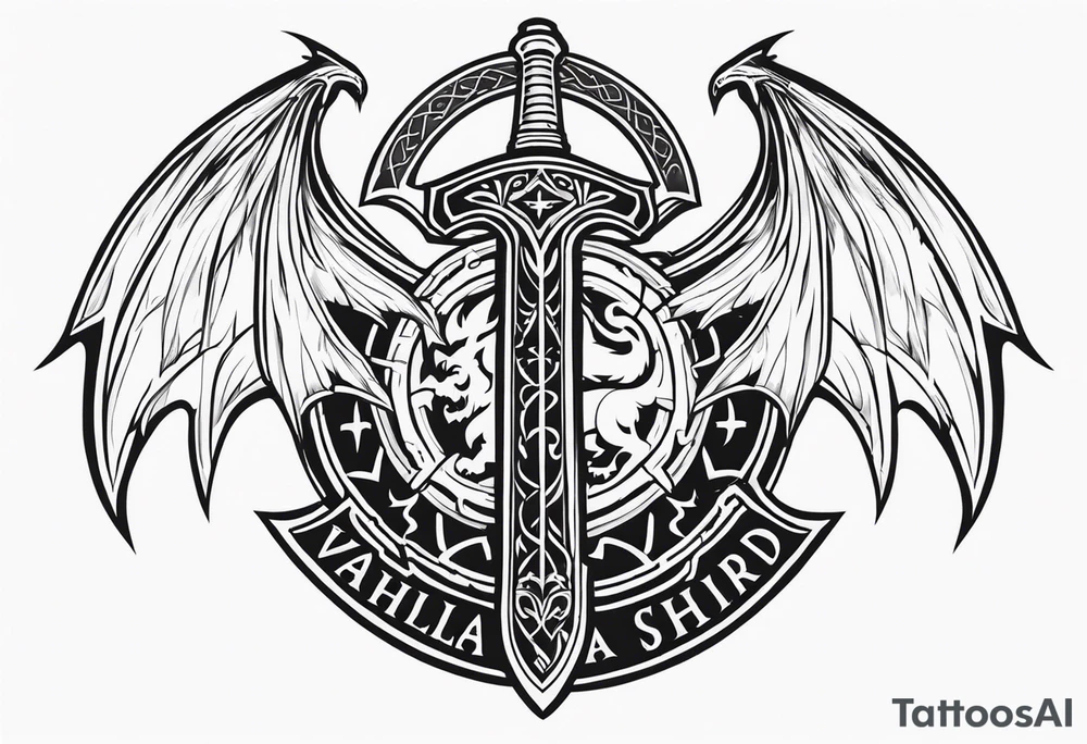 Valhalla sword shield dragon axe viking church tattoo idea