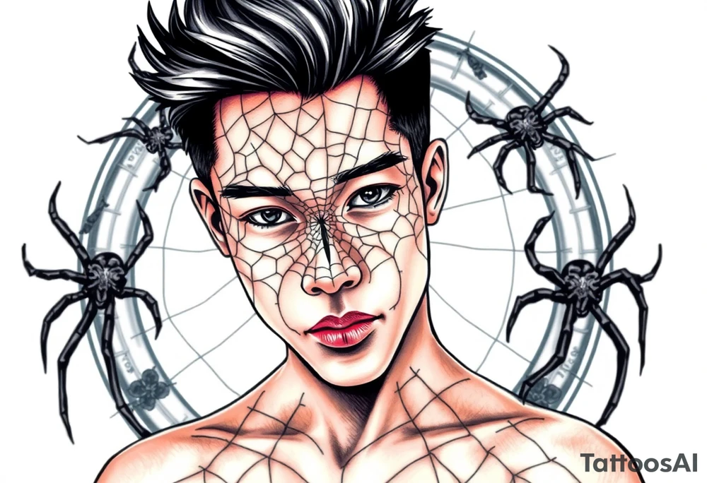 Handsome Asian young guy covered with spiders web tattoo idea