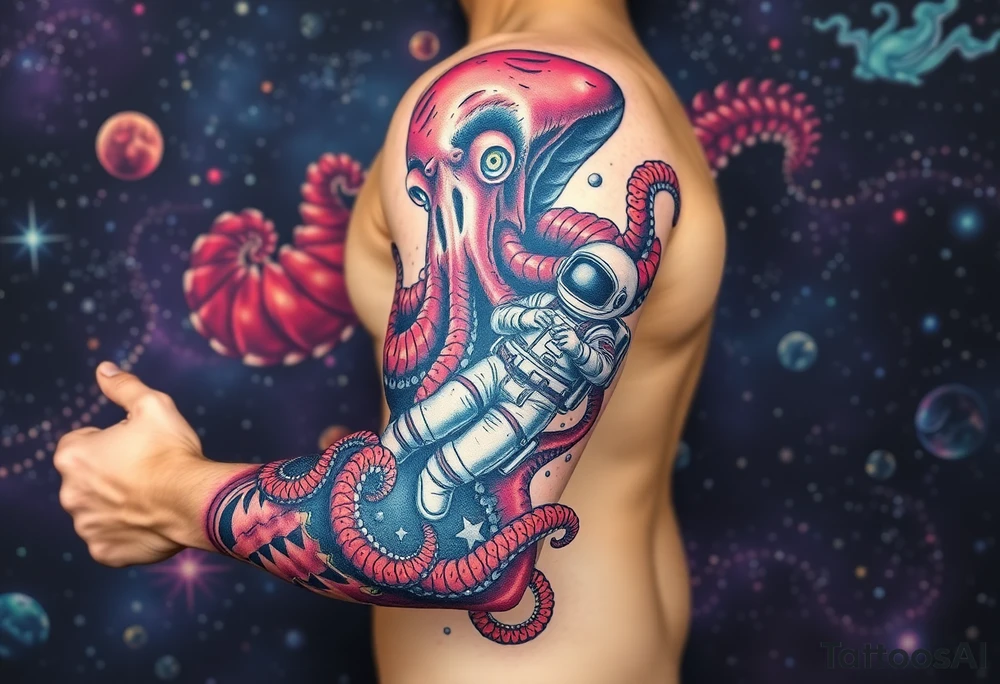 Kraken octopus grabbing a astronaut in a Outer space back ground tattoo idea