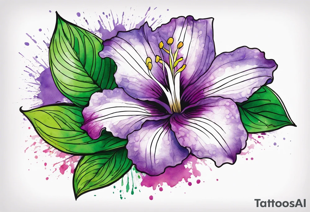 An outline of a rio dipladenia flower with green pedals and a purple watercolor splash in the background tattoo idea